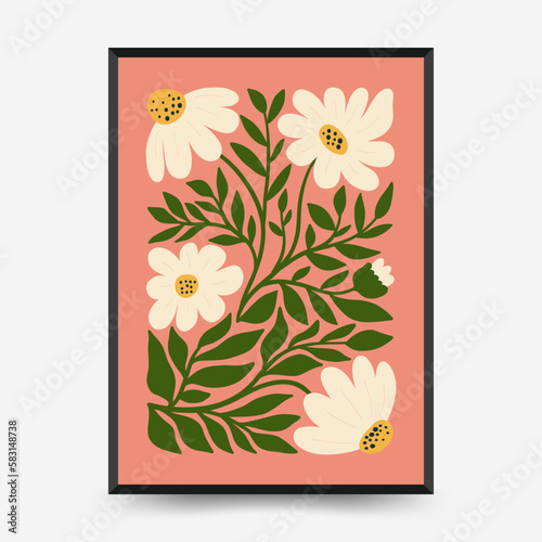 Abstract floral posters template. Modern trendy Matisse minimal style. Pink and blue colors. Hand drawn design for wallpaper, wall decor, print, postcard, cover, template, banner. 