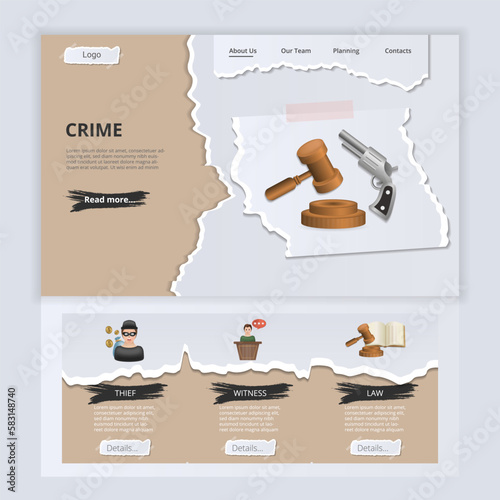 Crime flat landing page website template. Thief, witness, law. Web banner with header, content and footer. Vector illustration.