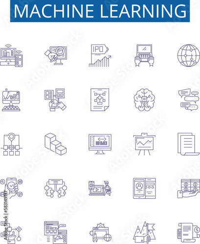 Machine learning line icons signs set. Design collection of Machine, Learning, Artificial, Intelligence, Neural, Networks, Algorithms, Predictive outline concept vector illustrations
