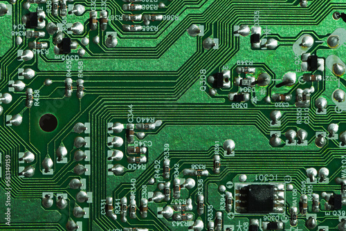 Greeb printed circuit board, high-tech background, micro electronics