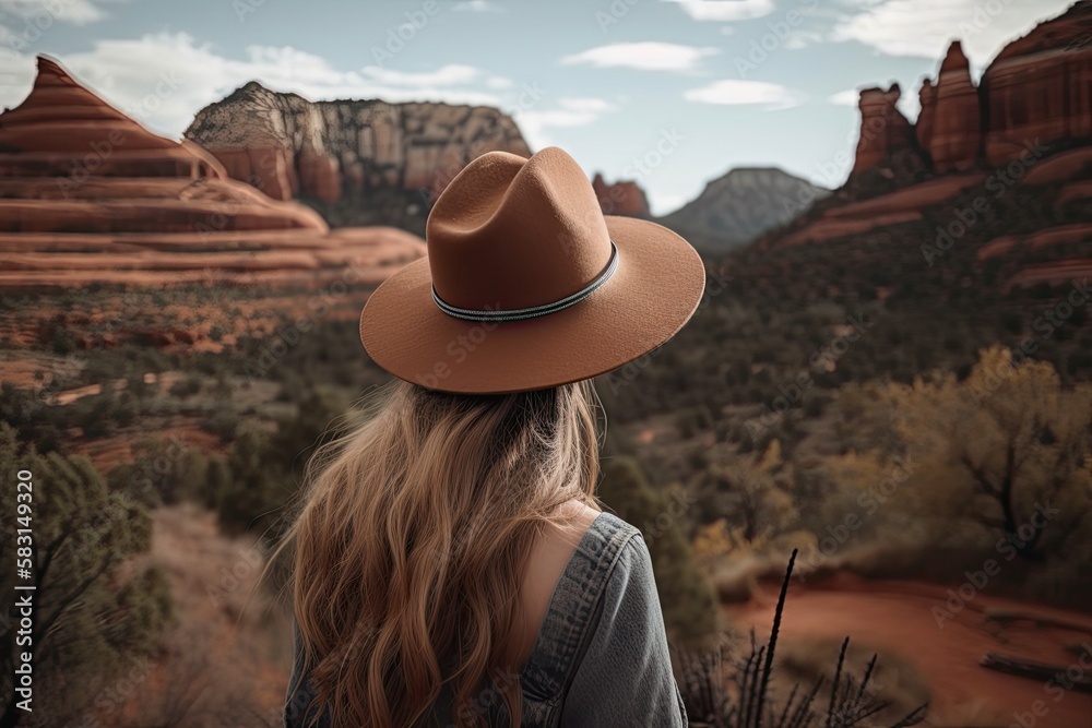 Woman in a Hat Looking over the Red Rocks of Sedona, Arizona  (Generative AI)