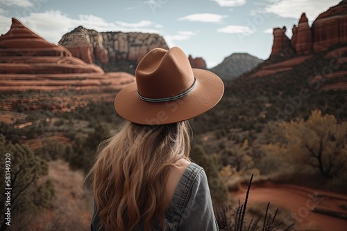 Woman in a Hat Looking over the Red Rocks of Sedona, Arizona (Generative AI)