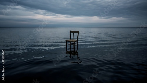 Valokuva illustration d'une chaise posée au milieu de l'eau pour symboliser la solitude -