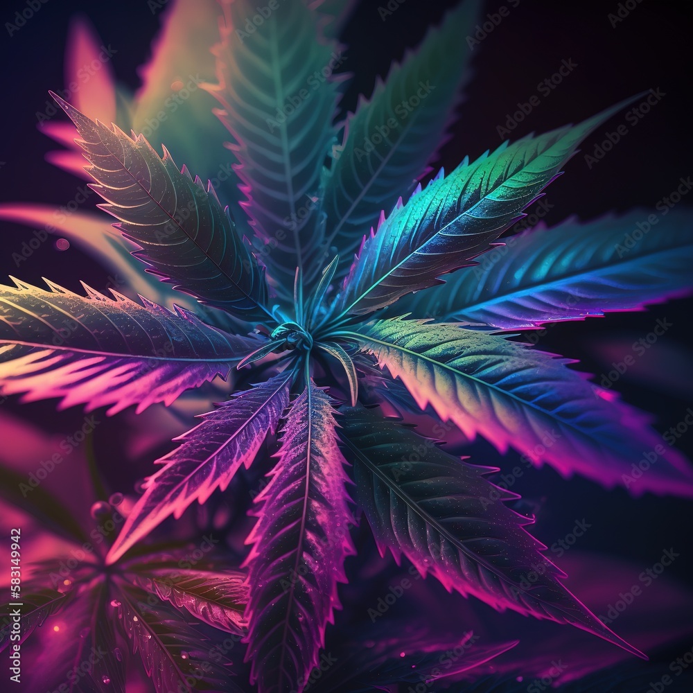 Cannabis leaves on black background with flare. Aesthetic vibrant abstract background with hemp foliage in neon light, AI generative Cannabis leaves on black background with flare. Aesthetic vibrant abstract background with hemp foliage in neon light, AI generative