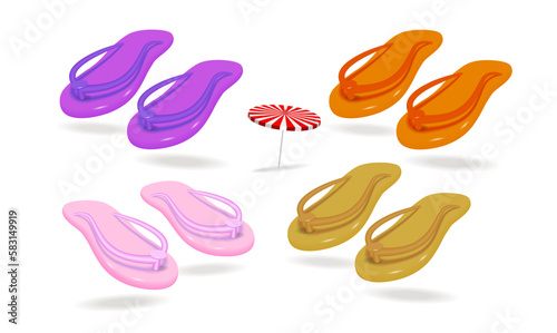 Multicolored beach sandals, homemade flip-flops on a white background.
3d vector illustration, 10 EPS.