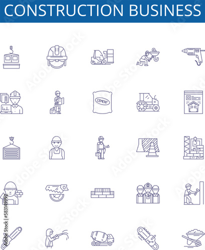 Construction business line icons signs set. Design collection of Building, Structure, Contractor, Developing, Engineering, Materials, Supplies, Construction outline concept vector illustrations