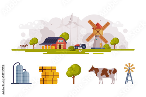 Farm Object with Timbered Red Barn, Hay, Tree, Cow and Windmill Vector Set