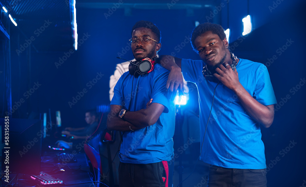 African American support Team professional gamer playing winning tournaments online games computer African American support Team professional gamer playing winning tournaments online games computer