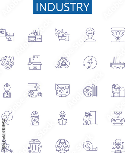 Industry line icons signs set. Design collection of Manufacturing, Technology, Production, Business, Equipment, Automotive, Retail, Services outline concept vector illustrations