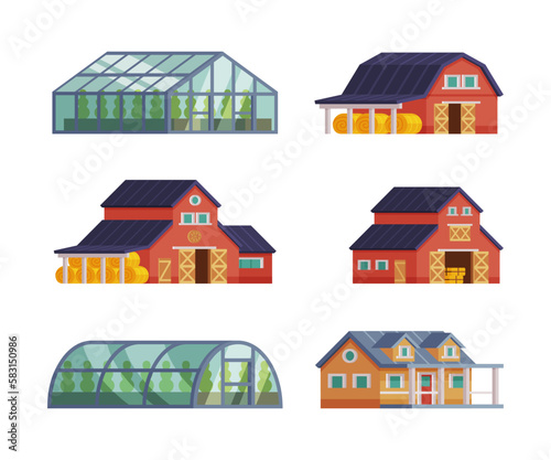 Farm Object with Timbered Red Barn and Greenhouse Vector Set