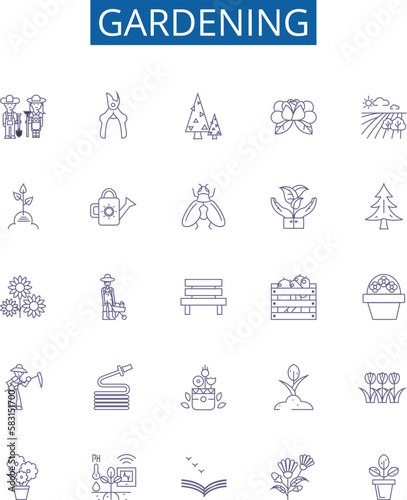 Gardening line icons signs set. Design collection of Planting, Watering, Pruning, Weeding, Soil, Mulching, Cultivating, Composting outline concept vector illustrations