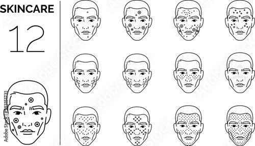 Skincare on men's face. Set of line art vector icons