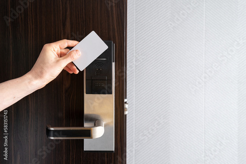 woman unlock apartment with modern security system, self check-in concept