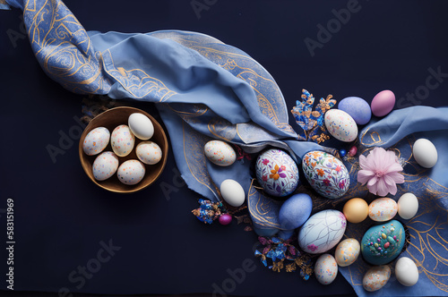Easter graphic with top down view easter eggs. Dark, elegant colors website banner, header. Easter poster or card flat lay. Generative AI.