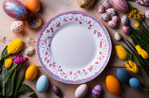 Easter banner with decorative plate and easter eggs and flowers. Happy easter website header, easter card, poster with copy space.  Top down flat lay.  Generative AI. photo