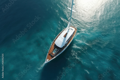 Yacht in the ocean, top view from the mast. AI generative. © Iaroslav