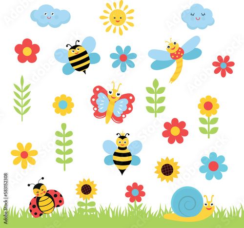 Funny cartoon insects. Bright flowers and twigs. Children s illustration. 