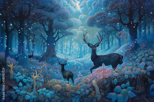 Night forest with deers, Enchanted night, Generative AI