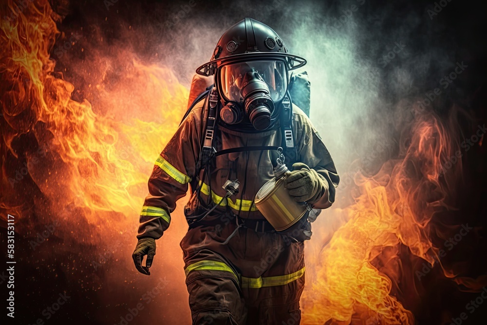 unrecognizable brave male firefighter in protective uniform and respirator walking against burning fire. Generative AI