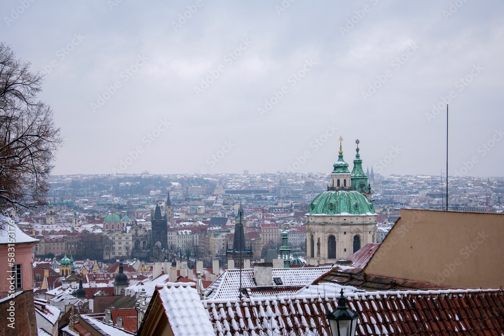 Scenic rooftop view of a picturesque residential street in Prague, Czech Republic