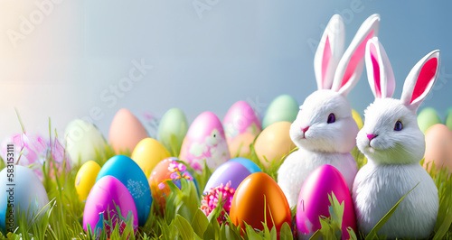 Easter banner with easter bunnies, easter eggs. Festive website header, happy easter poster with copy space. Beautiful, colorful easter card. Generative AI. photo