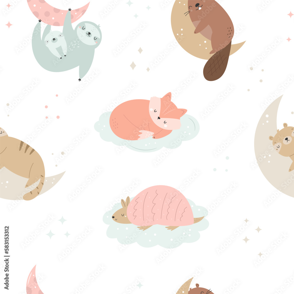 Seamless pattern with cute sleeping animals in pastel colors for prints, kids clothing, decorations, nursery Seamless pattern with cute sleeping animals in pastel colors for prints, kids clothing, decorations, nursery
