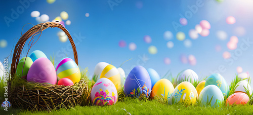 Easter banner with easter eggs on a meadow with blue sky. Festive website header, happy easter poster with copy space. Beautiful, colorful easter card. Generative AI.