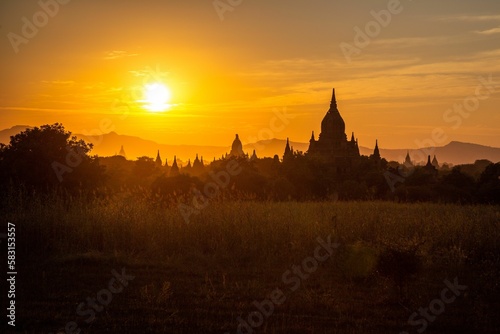 Silhouette of Temples in Bagan  Myanmar  in Front of the Setting Sun.