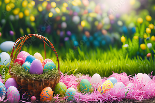 Easter banner, easter eggs in basket on a grass. Festive website banner, happy easter poster with copy space. Beautiful, colorful easter card. Generative AI. photo