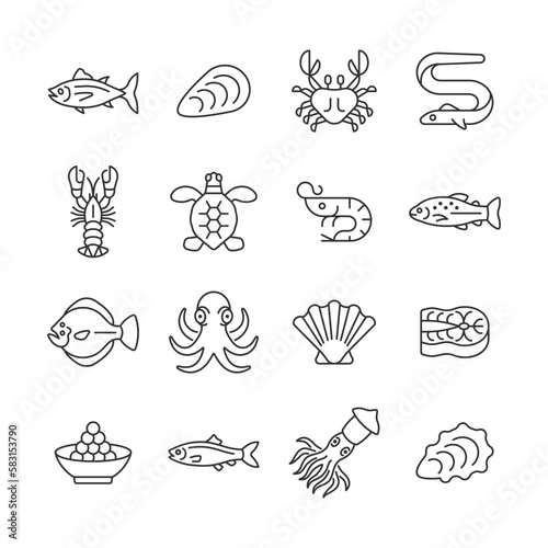 Seafood line icon set. Vector collection with tuna  crab  lobster  shrimp  trout  caviar  squid  octopus. Editable stroke.