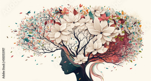Blooming woman's head with flowers. Self-care and mental health concept. Positive thinking, creative mind. Generative AI