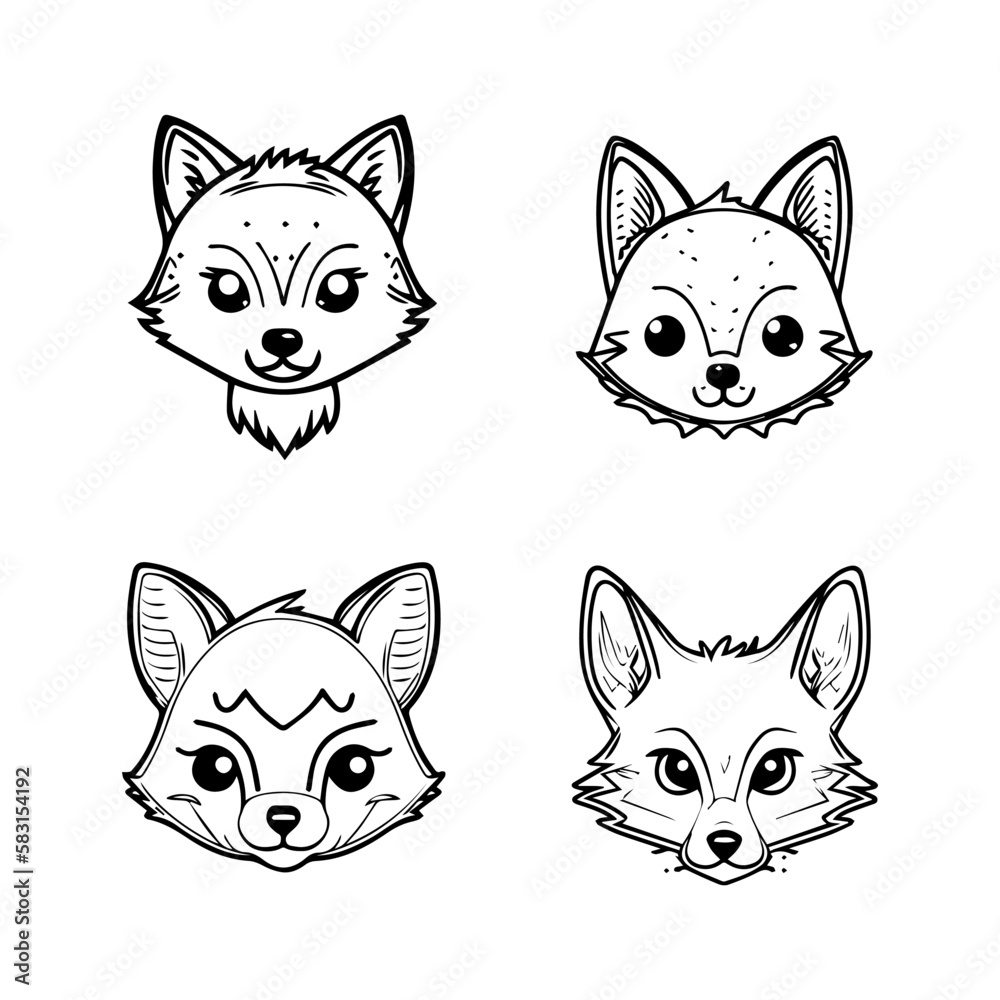 cute kawaii wolf collection set hand drawn line art illustration
