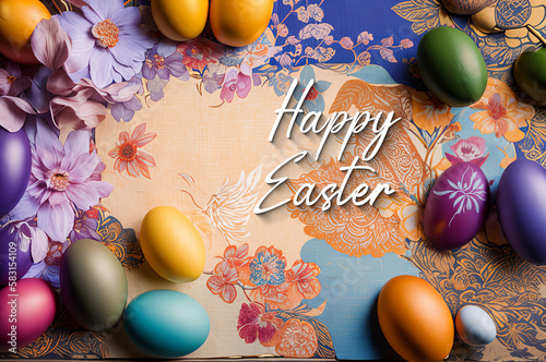 Happy Easter poster, website banner, easter card with easter eggs, flowers and typography, pastel colors. Promotional festive header, holiday sale and discounts. Greetings and wishes. Generative AI. photo