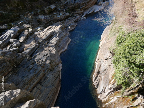 The crystalline and emerald waters in the canyons of the Verzasca river. Lavertezzo, Switzerland.