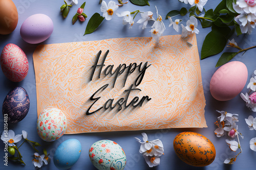 Happy Easter poster, website banner, easter card with easter eggs, flowers and typography, pastel colors. Promotional festive header, holiday sale and discounts. Greetings and wishes. Generative AI. photo