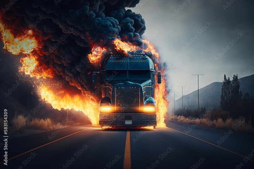 Burning truck on the highway. Generative AI