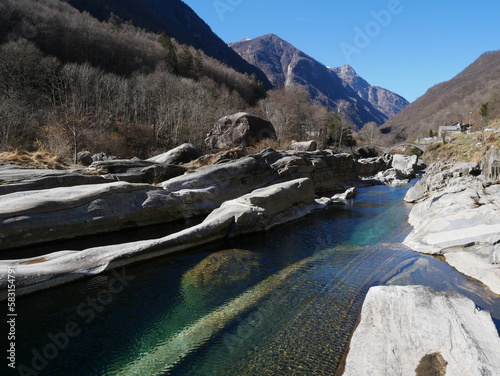 The crystalline and emerald waters in the canyons of the Verzasca river. Lavertezzo, Switzerland.