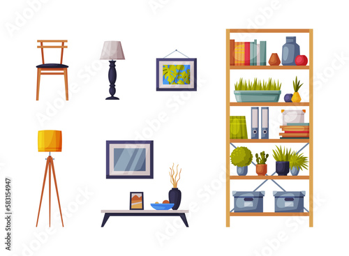 Modern Room Interior Items with Bookcase, Lamp, Chair and Picture on Wall Vector Set