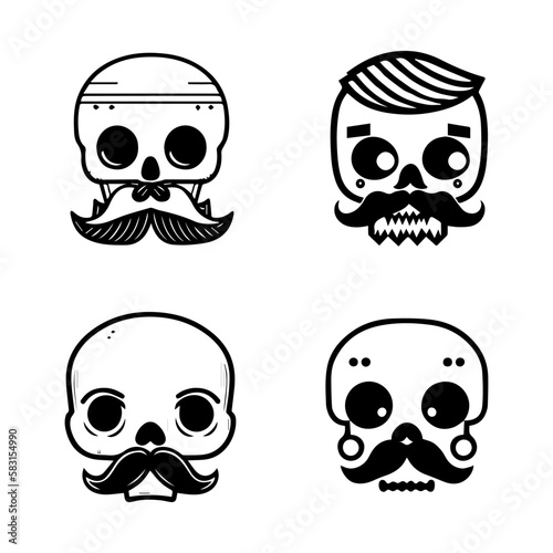 cute skull with moustache logo collection set hand drawn illustration