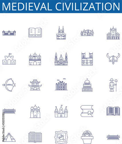 Medieval civilization line icons signs set. Design collection of Medieval, Civilization, History, Middle Ages, Knights, Peasants, Feudalism, Architecture outline concept vector illustrations