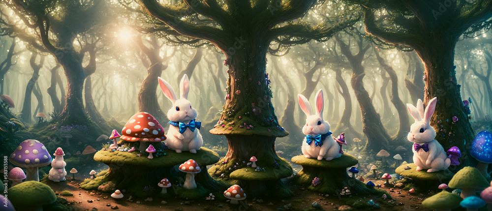 White rabbits in suits and ties sitting in the middle of a forest. Generative AI
