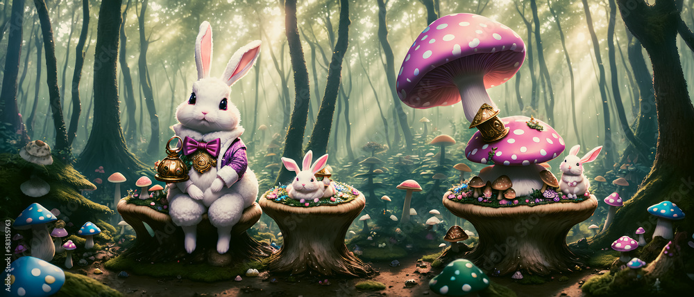 White rabbits in suits and ties sitting in the middle of a forest. Generative AI