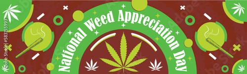 National weed appreciation day in march horizontal banner vector design background, with marijuana or cannabis leaf icon, cannabis joint cigarette icons, geometric shapes and typography. simple retro.