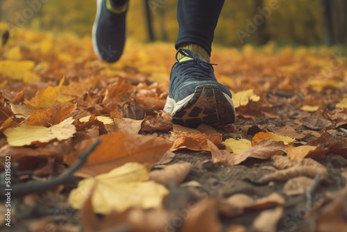 Close up feet of woman running or jogging in the park on the autumn season in the morning.