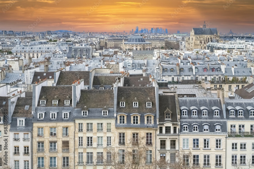 Paris, typical roofs in the Marais, aerial view with the Halles, the Saint-Eustache church and the D