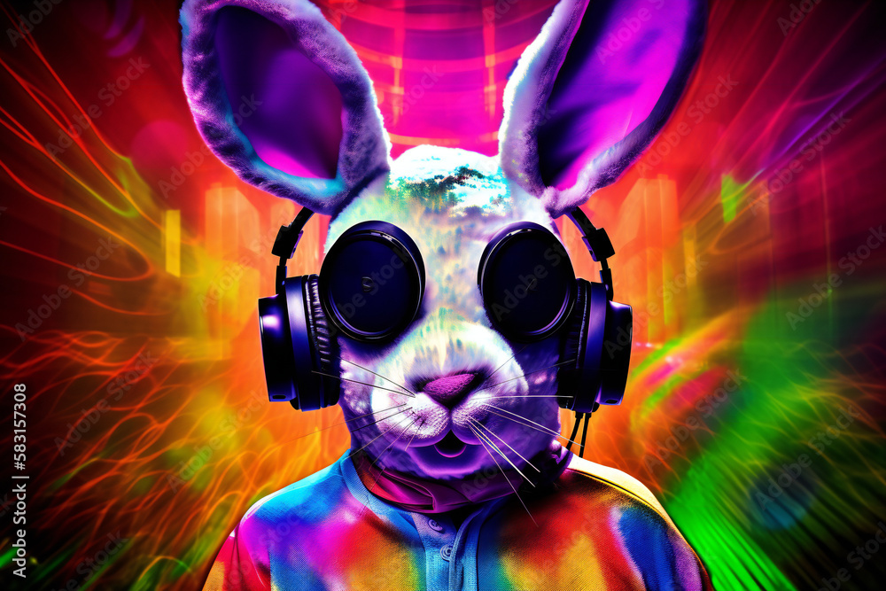Psychedelic easter bunny DJ with headphones and sunglasses, created using Generative AI