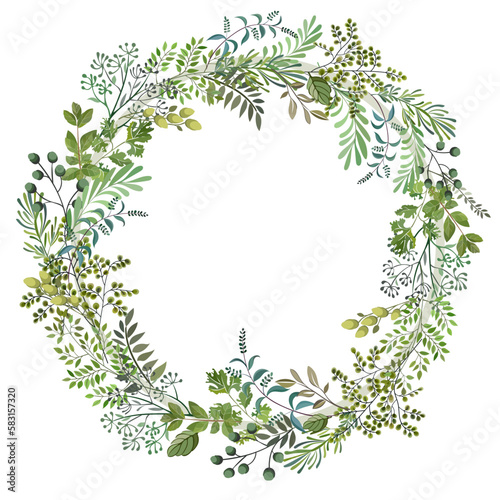 Flowers with leaves  round wreath isolated on white background. Spring art print with botanical elements. Folk style. Posters for the spring holiday. ..