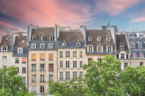 Paris, typical buildings in the Marais, aerial view from the Pompidou center, sunset photo