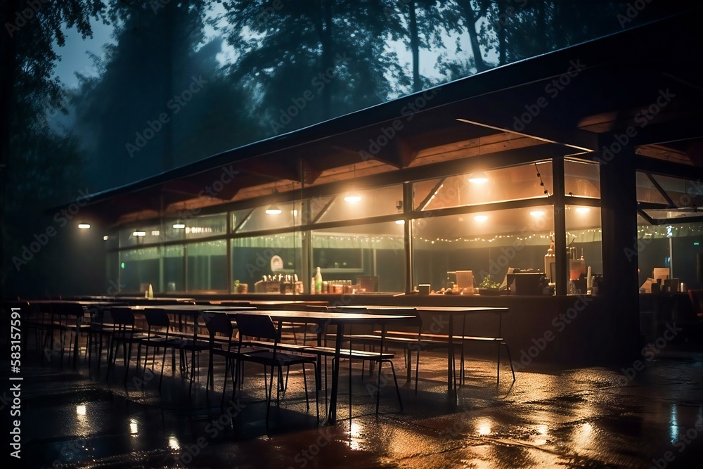 Empty cafeteria with neon lights, in the middle of the misty forest after rain, made with help of Generative AI
