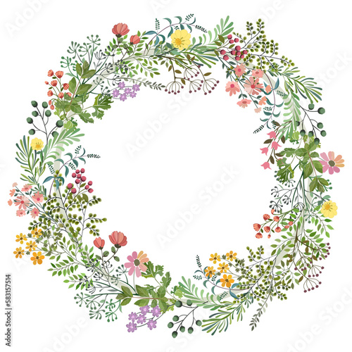 Flowers with leaves, round wreath isolated on white background. Spring art print with botanical elements. Folk style. Posters for the spring holiday. ..